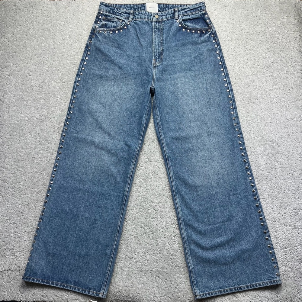 Reformation Jeans Womens 32 Blue Denim Cary High Rise Slouchy Wide Leg Studded